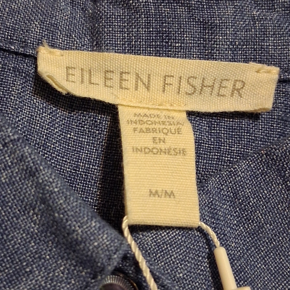 Eileen Fisher Classic Collar Shirt Organic Linen Chambray Blue SzM - Picture 7 of 16